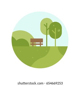 Summer outdoor circle icon isolated on white color background. Park bench, trees, bushes, green grass lawn. Round minimalist vector object summer icon. Flat hipster style with simple geometric shapes