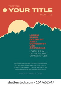 Summer outdoor festival flyer vector template with mountains and sun in the background. Minimal design with text space. Eps10 illustration.