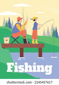 Summer Outdoor Fishing For Family With Kids Flyer Or Poster Mockup, Flat Vector Illustration. Banner Design With Father And Child Fishing On The River Bank.