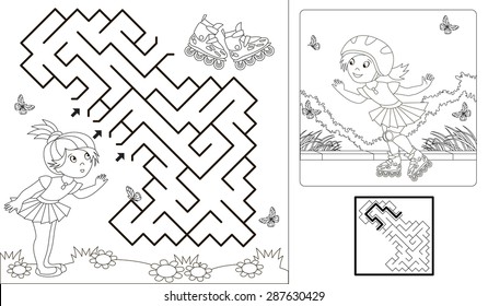 Summer outdoor games for children. One cartoon child girl roller want to find way through labyrinth  to skating on roller skates. Maze to find way.  Help the child to skating. Kid summer sport.
