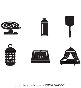 Summer outdoor icons set including a speaker, bug spray, badminton racket, bug zapper, cooler, and tent silhouette.