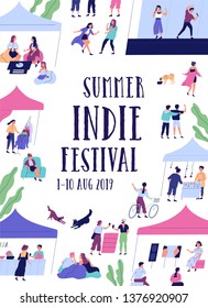 Summer outdoor indie music festival, fair or open air event flyer or poster template with cute tiny people and place for text. Modern flat cartoon vector illustration for promotion, advertisement.