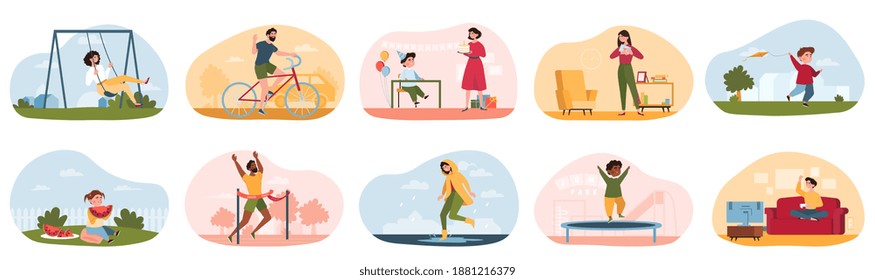 Summer outdoor and indoor recreation. Fictional characters swinging on swing, walking in rain, jumping on trampoline and so on. Set of cartoon flat vector illustrations isolated on white background.