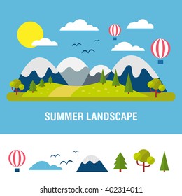 Summer outdoor  landscape background. Flat mountains vector with island. 