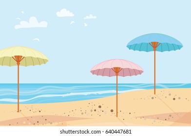 Summer outdoor. Parasols. Sea and sand. Summertime. Beach rest. Vector