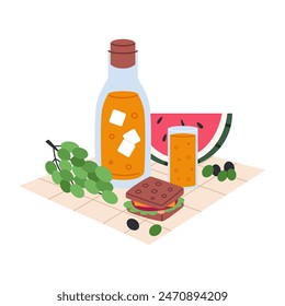 Summer outdoor picnic concept. Orange juice and snacks on blanket. Flat vector illustration isolated on white background.