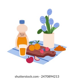 Summer outdoor picnic concept. Orange juice, fruits and berries on blanket. Flat vector illustration isolated on white background.