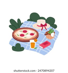 Summer outdoor picnic concept. Pizza, juice and book on blanket. Flat vector illustration isolated on white background.