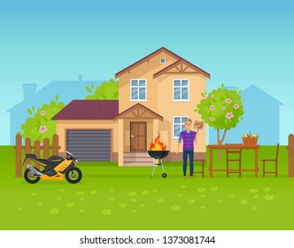 Summer outdoor picnic in yard of country house, cottage. Young man cooks meat steak on barbeque grill. Cottage with plot of land, fruit trees, plants. Outdoor recreation cartoon vector.
