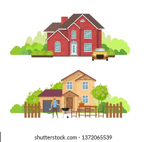 Summer outdoor picnic in yard of private house, cottage. Young man near barbecue grill. Cottage with plot of land, fruit trees, plants. Outdoor recreation, riding a sport bike. Cartoon vector.