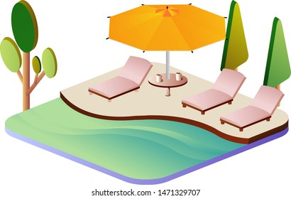 
Summer outdoor pool with Beach chairs, trees and sun umbrellas Summer vacation concept. Relax in the warm weather,
