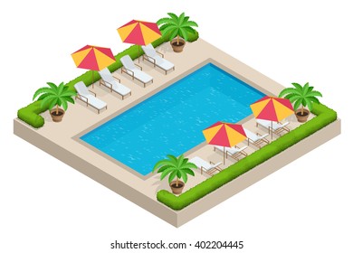 Summer outdoor pool with Beach chairs, palm trees and sun umbrellas Summer vacation concept. Relax in the warm weather, travel.