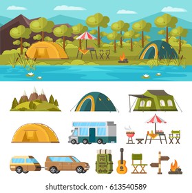 Summer outdoor recreation concept with camping and tourist elements and equipment isolated vector illustration