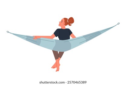 Summer outdoor recreation of girl sitting in hammock, rear view. Young barefoot woman resting in swing fabric blue swing bed with stripe pattern, happy person in hammock cartoon vector illustration