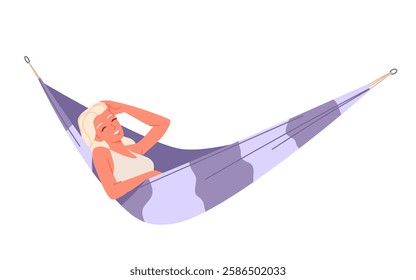 Summer outdoor recreation of girl sitting in hammock, rear view. Young barefoot woman resting in swing fabric blue swing bed with stripe pattern, happy person in hammock cartoon