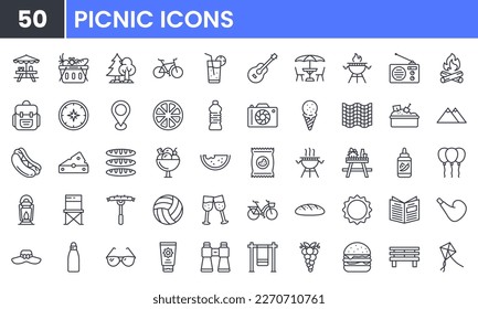 Sommer Outdoor Recreation und Picnic Vektorgrafik-Icon-Set. Enthält lineare Umrisssymbole wie Campfire, Table, Camping, Grill, Food, BBQ, Hamburger, Blanket, Drink, Wandern. Bearbeitbare Verwendung und Schlaganfall.