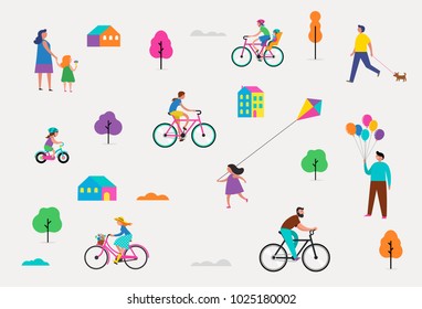 Summer outdoor scene with active family vacation, park activities illustration with kids, couples, families, relexing on nature, walk with dog, ride bicycles
