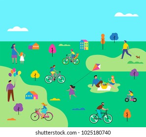 Summer outdoor scene with active family vacation, park activities illustration with kids, couples, families, relexing on nature, walk with dog, ride bicycles