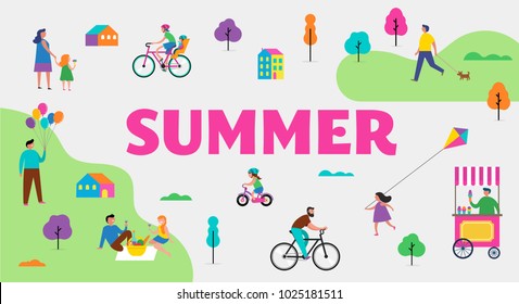 Summer outdoor scene with active family vacation, park activities illustration with kids, couples, families, relexing on nature, walk with dog, ride bicycles