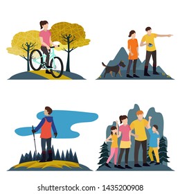 Summer outdoor scene with active family vacation, park activities illustration with kids, couples, families, relaxing on nature, walk with dog, ride bicycles