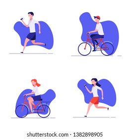 Summer outdoor sport activities. Young people jogging and cycling. Morning workout and jogging. Active and healthy lifestyle. Vector illustration in flat design.