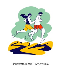 Summer Outdoor Sport Activity, Happy Couple Man Woman Characters in Sports Wear and Sneakers Running on Beach. Jogging and Sport Healthy Lifestyle Workout on Seaside. Linear People Vector Illustration