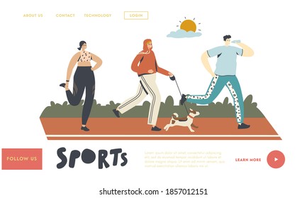 Summer Outdoor Sport Activity, Jogging Healthy Lifestyle Landing Page Template. Characters Run at Morning. Men and Women in Sports Wear and Sneakers Running in Park. Linear People Vector Illustration