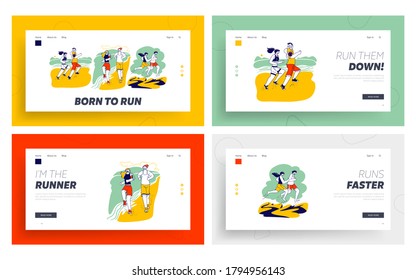 Summer Outdoor Sport Activity Landing Page Template Set. Happy Couple Characters in Sports Wear Running on Beach. Jogging Sport Healthy Lifestyle Workout on Seaside. Linear People Vector Illustration