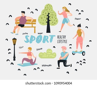 Summer Outdoor Sports Activities. Active People in the Park. Running, Yoga, Roller, Fitness. Characters Doing Workout Outside. Vector illustration