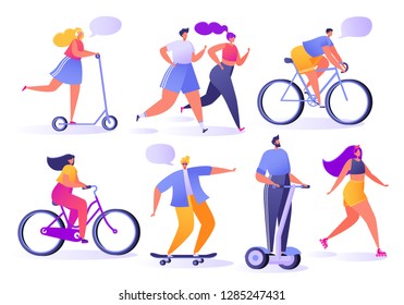 Summer outdoor sports activities. People running, roller, fitness, skateboarding, bicycling. Characters doing workout outside. Flat, cartoon, trendy, vector illustration.
