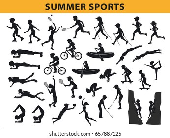 summer, outdoor sports silhouette collection, man  woman run, nordic walking, roller skating, swim, do yoga, climb cycling, skateboard, travel, scuba diving, play tennis, golf, badminton, volleyball