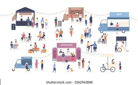 Summer outdoor street food festival. People walking between vans or caterers, buying meals, eating and drinking, taking selfie, talking to each other. Flat cartoon colorful vector illustration.
