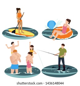 Summer outdoor and water activity family vacation, water activity map with kids, family, relax nature, paddler standing by the lake, Fishing on the lake.