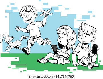 
 Summer outdoors activities.
Cartoon vector illustration of two children sitting on the ground and watching for boy running and playing with a toy airplane.