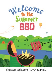 Summer outdoors concept. Cartoon retro style poster. Welcome invitation to barbecue picnic. Holiday leisure banner background. Mountain valley, lake, green hills. Vector flaming BBQ grill illustration