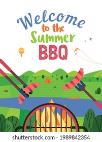 Summer outdoors concept. Cartoon retro style poster. Welcome invitation to barbecue picnic. Holiday leisure banner background. Mountain valley, lake, green hills. Vector flaming BBQ grill illustration