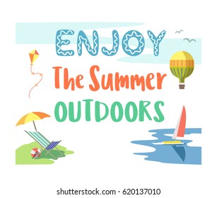 Summer outdoors concept. Cartoon retro style poster. Enjoy sailing, boating, outdoor activities. Season holiday leisure banner background. Fancy letters. Vector picnic, flying balloon kite yacht icon