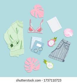 Summer outfit flatlay. Trendy hand-drawn vector isolated clothes. Summer apparel. Variety of wardrobe elements such as sweater, shorts, bra. Monstera leaves and note books top down view.