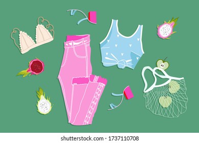 Summer outfit flatlay. Trendy summer look. Hand-drawn vector illustration. All elements are isolated on a green background. Pink jeans, blue crop top, bra and apples in a mesh. Modern clothing.