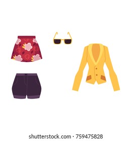 Summer outfit - jacket, mini skirt, shorts and sunglasses, cartoon vector illustration isolated on white background. Summer clothing and accessories - jacket, skirt, shorts and sunglasses, fashion set