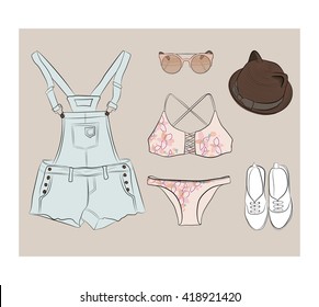 Summer outfit in pastel colors with overalls , bikini , shoes, sunglasses and hat cat