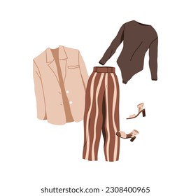 Equipo de verano. Prendas de vestir, ropa. Blazer, bodysuit, pantalones a rayas, pantalones y sandalias con tacón. Elegante mujer vestida, ropa. Ilustración vectorial plana aislada en fondo blanco