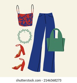 Summer outfit with various decorations. Modern looks with trousers, top, bag and sandals. Flat vector illustration isolated on white background.