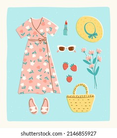 Summer outfit for a woman. Romantic floral dress, sun hat, straw bag and sunglasses in trendy retro style. Vector illustration of summertime fashion.