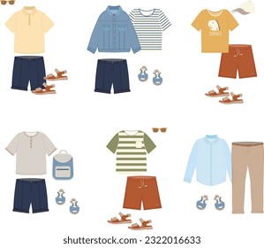 Trajes de verano para niños, adolescentes, hombres. Ropa de niño esencial. Armario básico de cápsulas. Camisa, camiseta, pantalones, chaqueta, zapatos, gorra, gafas de sol. Moda moderna. Ilustración vectorial. 