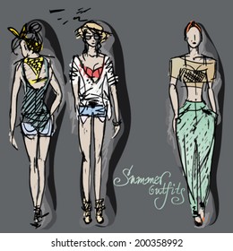 Summer outfits / Fashion sketches of trendy girls 