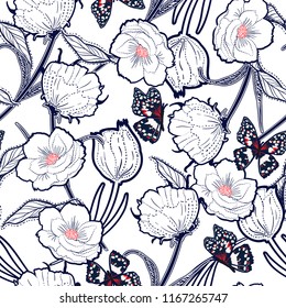 Summer Outline hand drawn graden in the dash botanic flowers with butterflies ,design for fashion,fabric,wallpaper and all prints on white background color