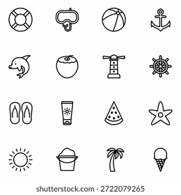 Conjunto de iconos de verano Playa, vacaciones, sol y símbolos de viaje