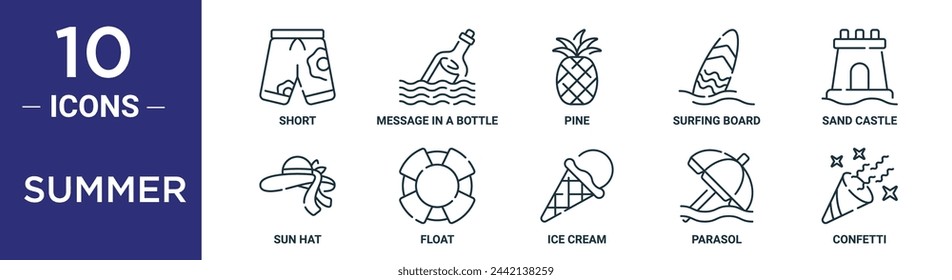 summer outline icon set includes thin line short, message in a bottle, pine, surfing board, sand castle, sun hat, float icons for report, presentation, diagram, web design