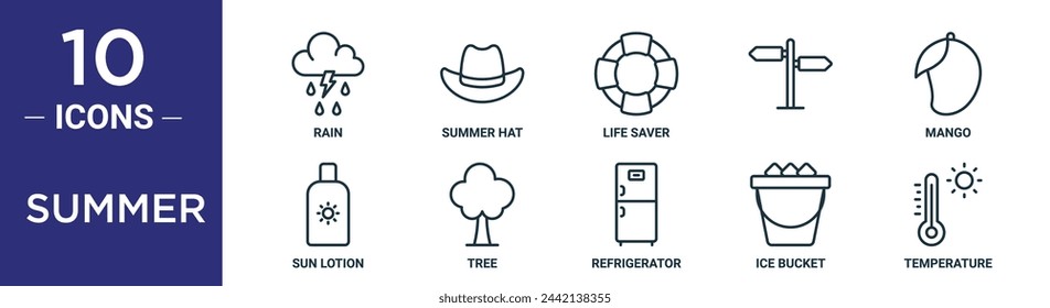 summer outline icon set includes thin line rain, summer hat, life saver,  , mango, sun lotion, tree icons for report, presentation, diagram, web design